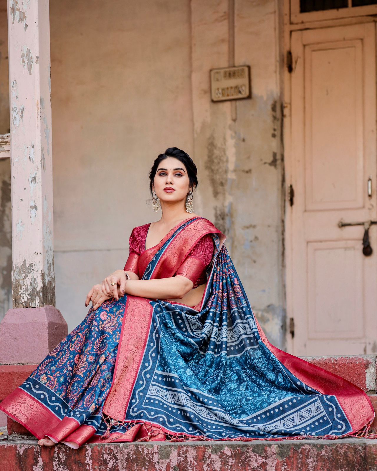 Imposing Blue Color Printed Silk Saree