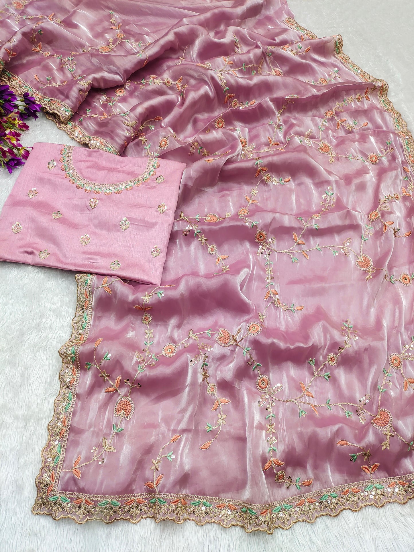 Superhit Pink Color Organza Silk Saree