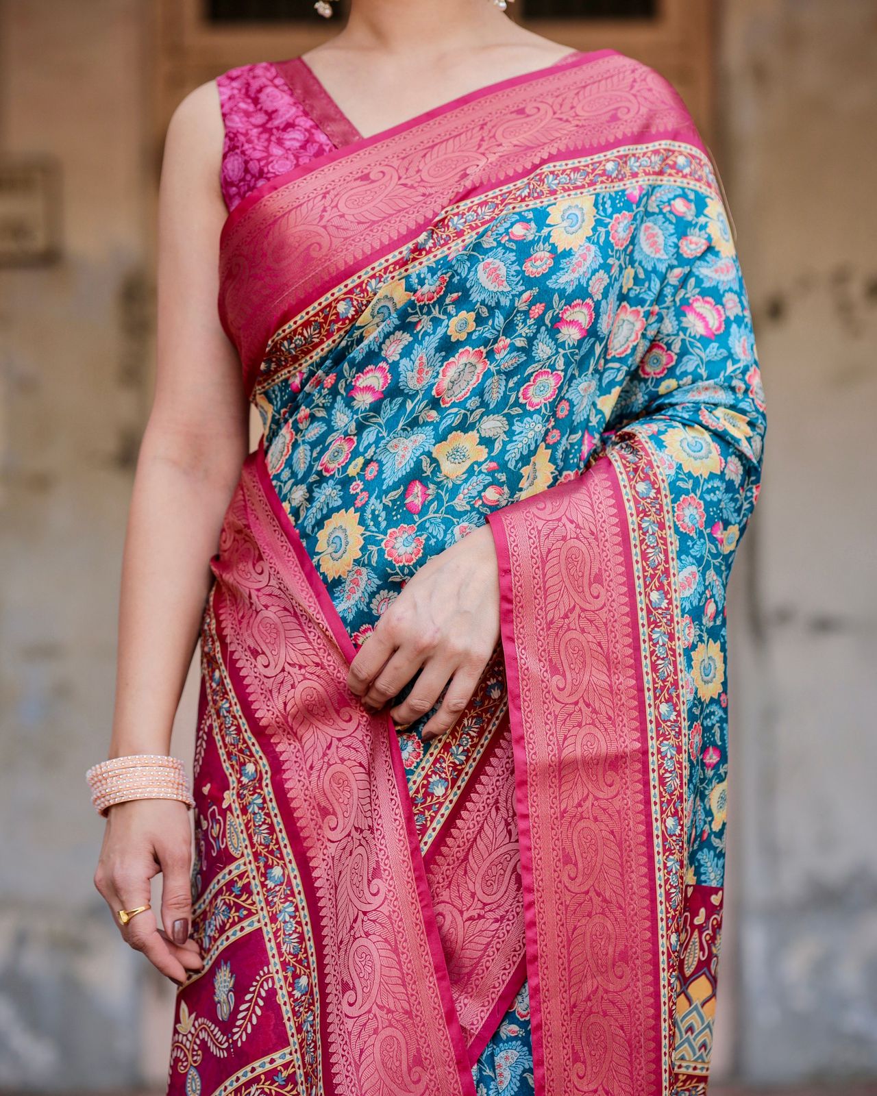 Exotic Blue Color Printed Silk Saree