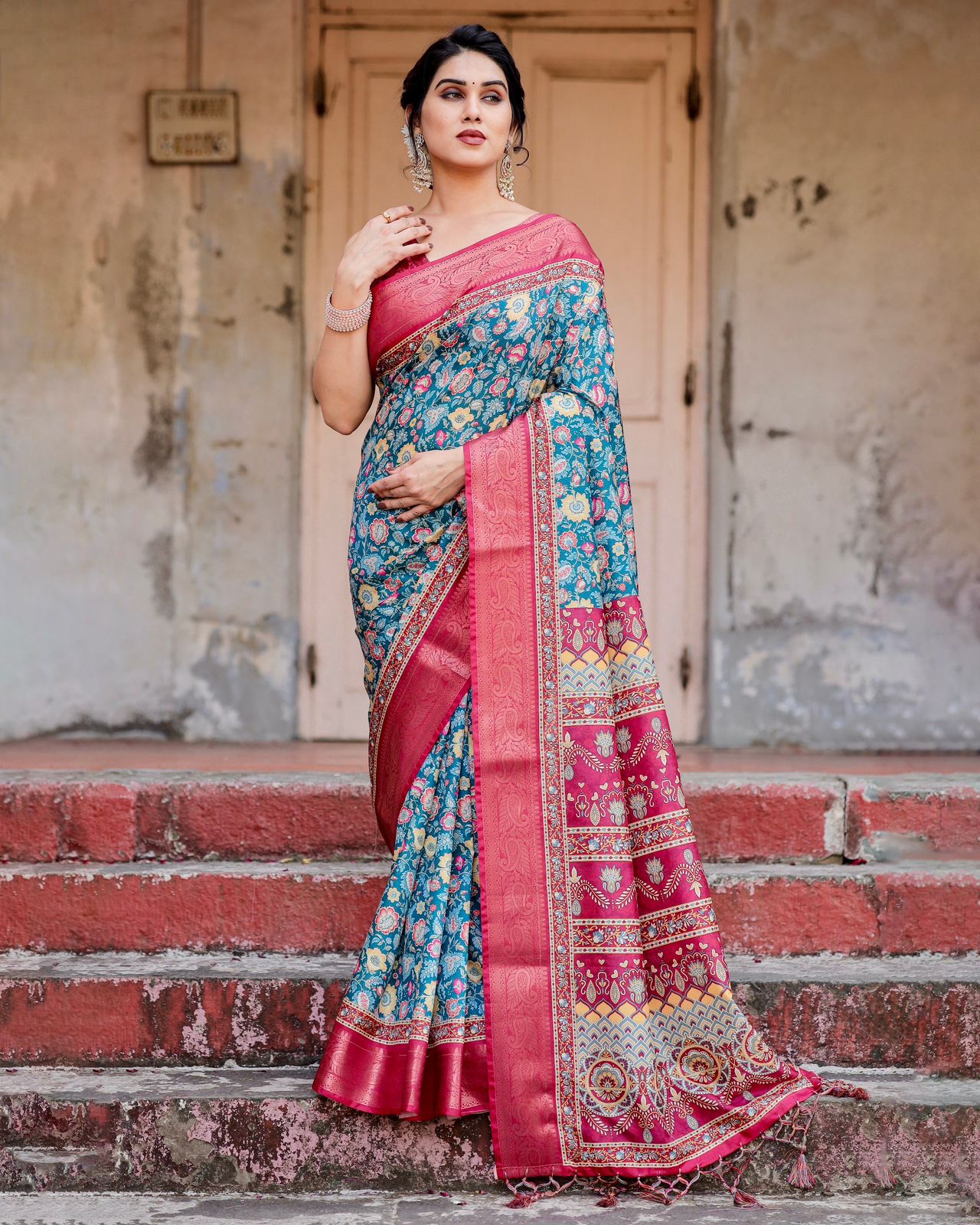 Exotic Blue Color Printed Silk Saree