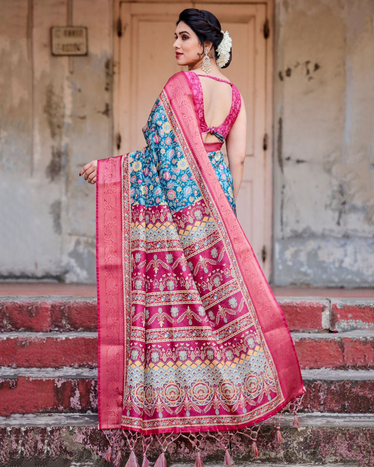 Exotic Blue Color Printed Silk Saree