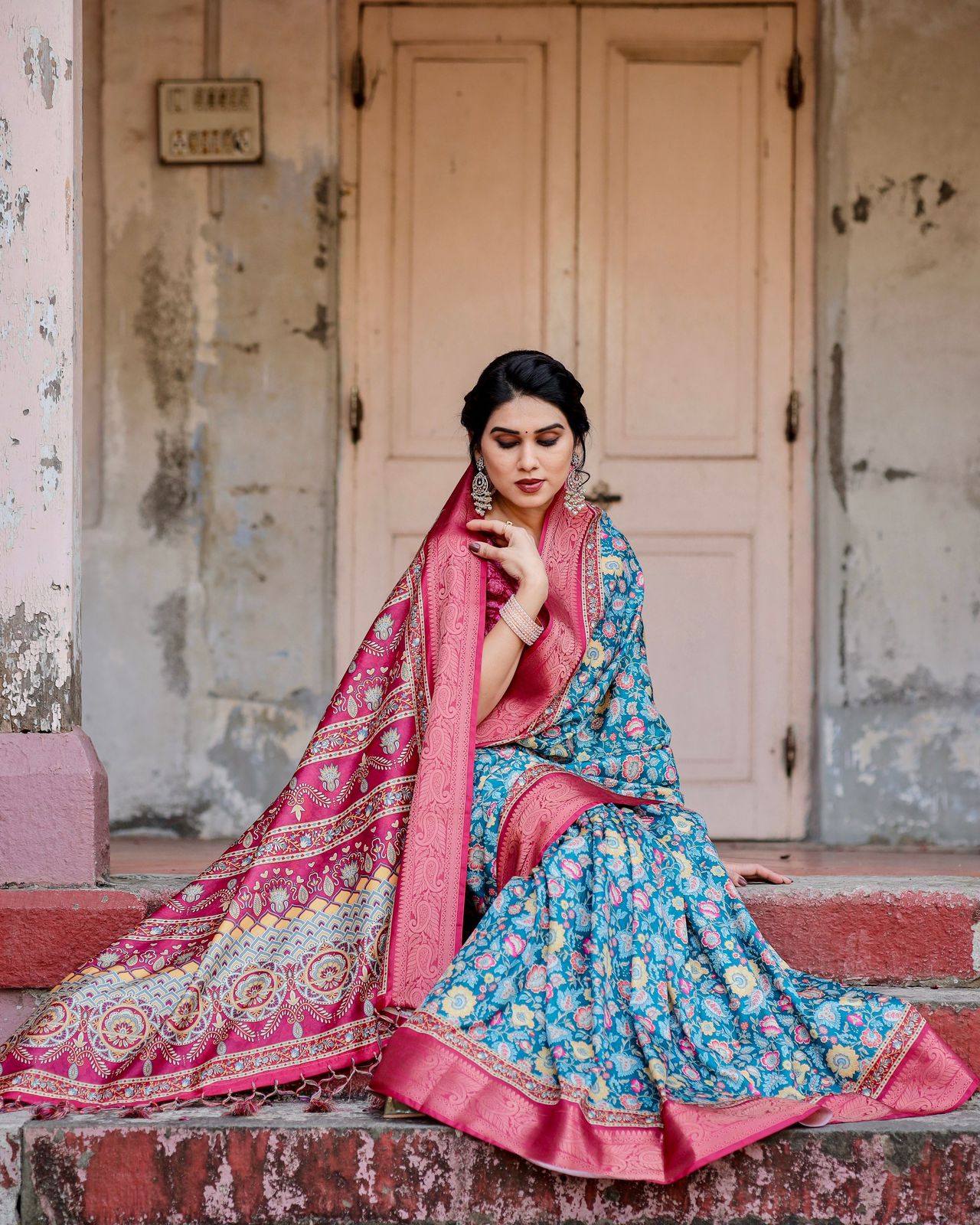 Exotic Blue Color Printed Silk Saree