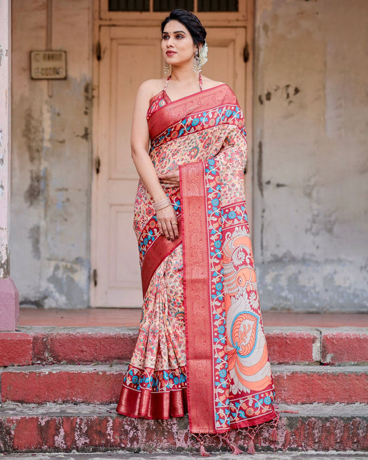 Peaceful Peach Color Printed Silk Saree