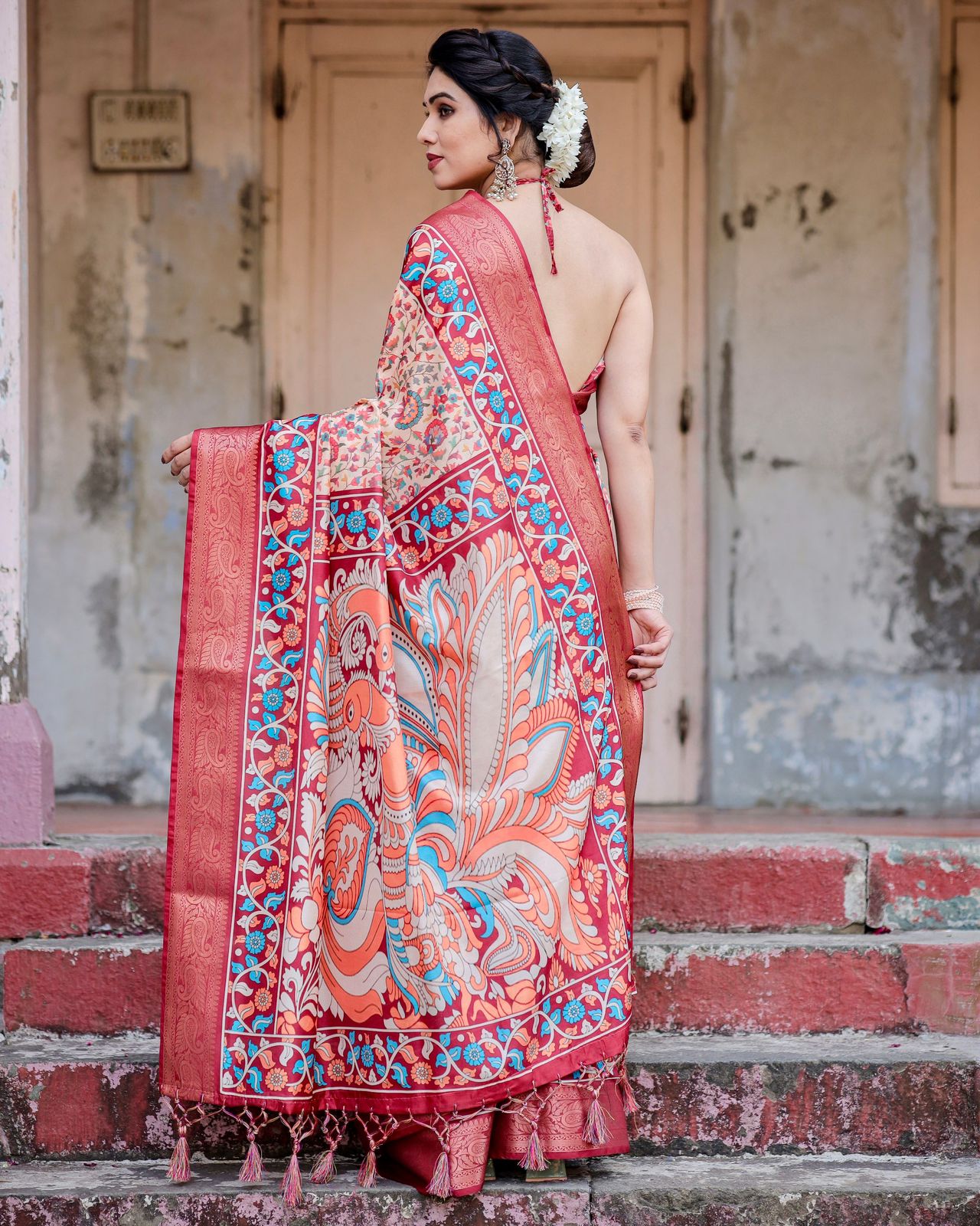 Peaceful Peach Color Printed Silk Saree