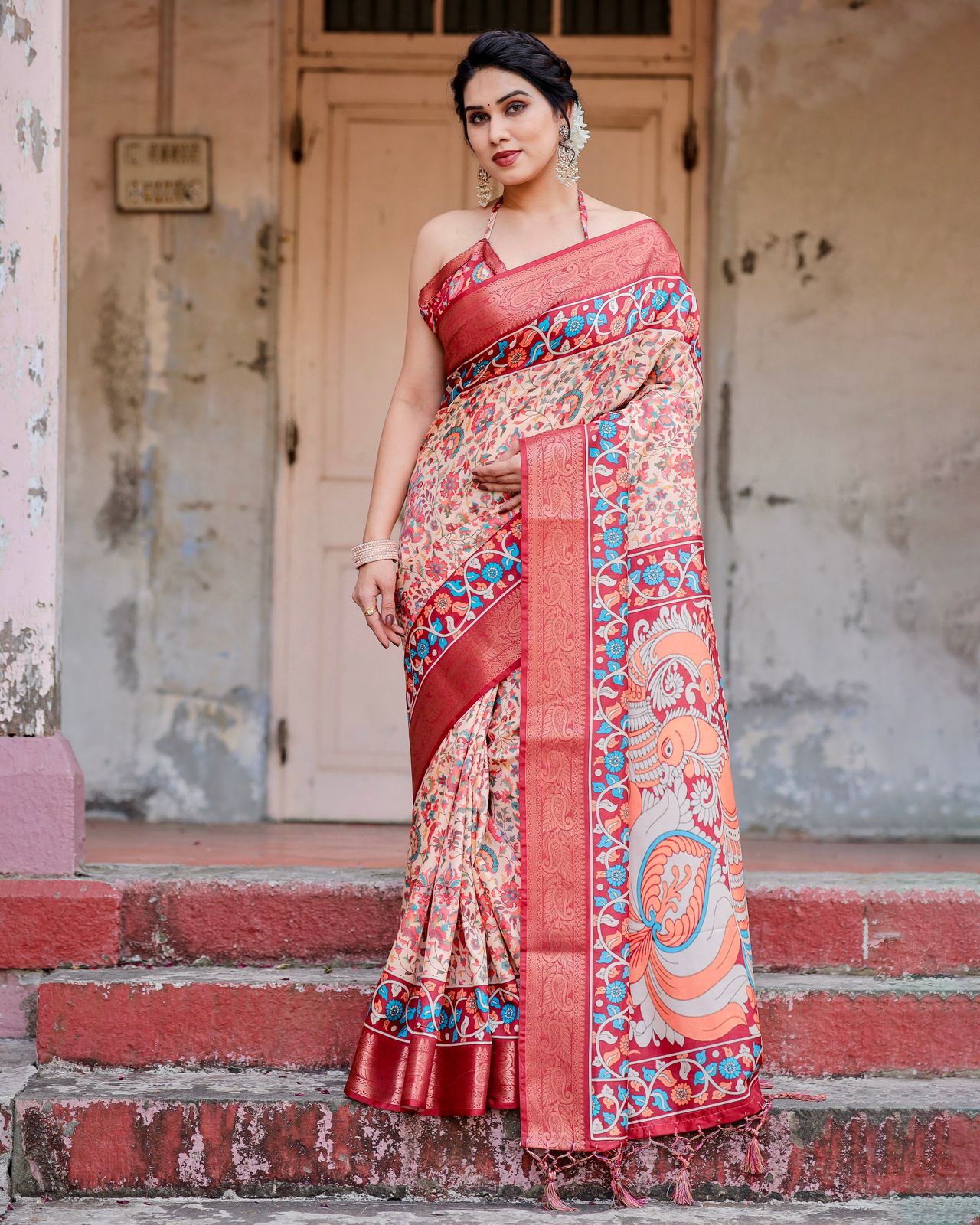 Peaceful Peach Color Printed Silk Saree