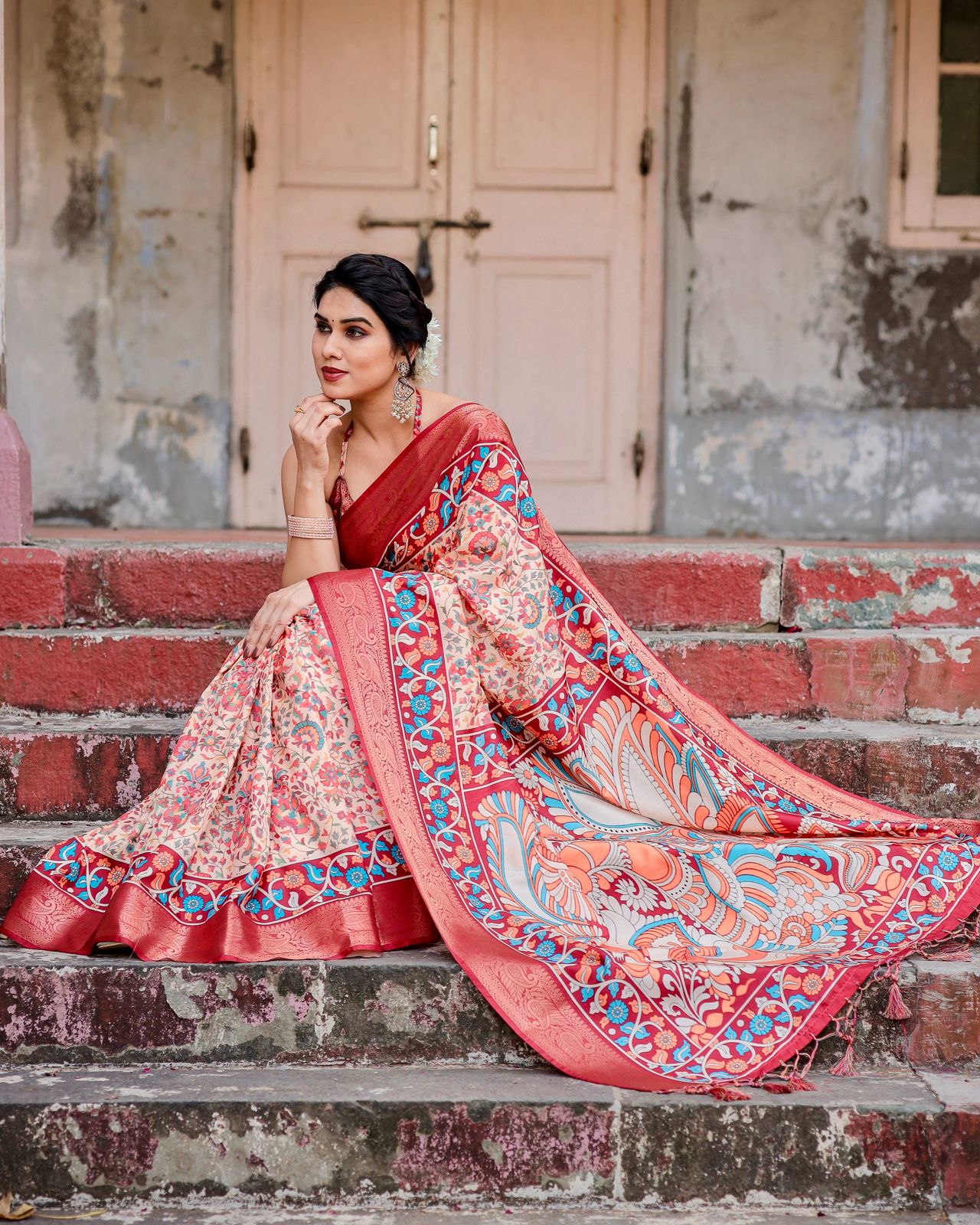 Peaceful Peach Color Printed Silk Saree