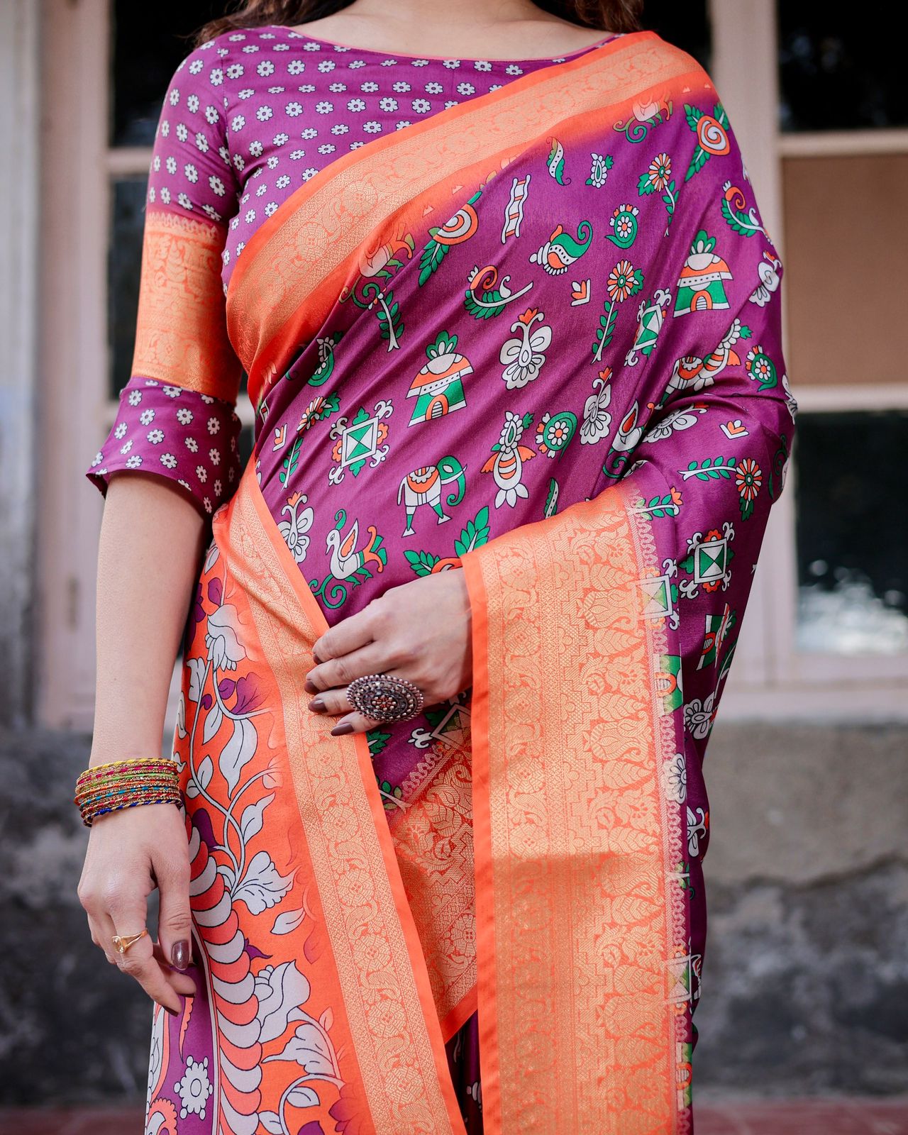 Fancy Wine Color Printed Silk Saree