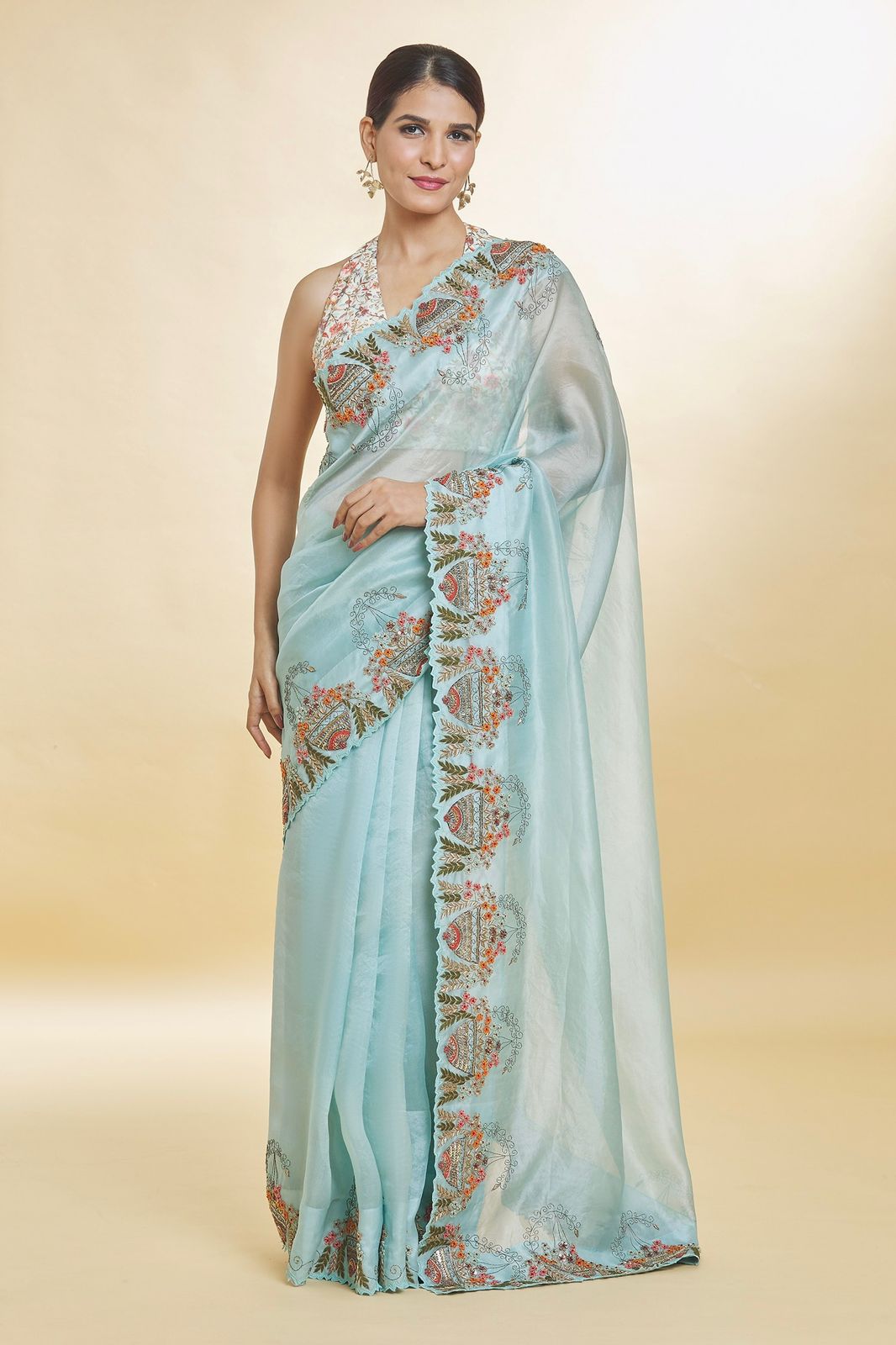 Decent Sky Blue Color Organza Silk Saree