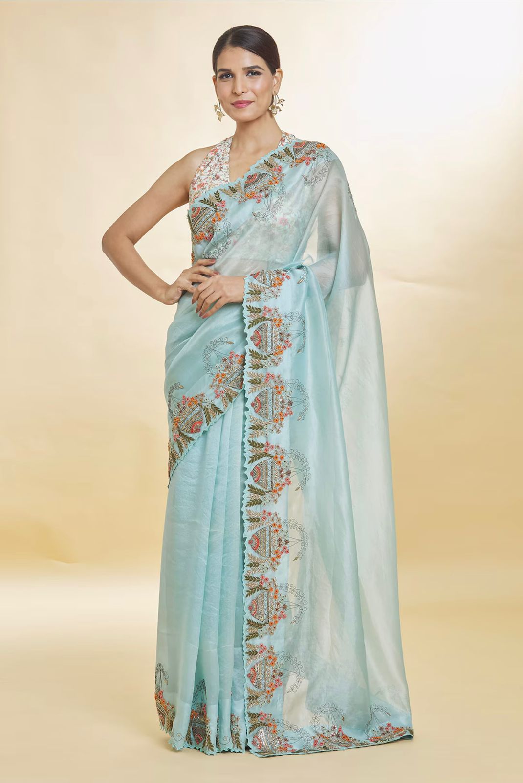 Decent Sky Blue Color Organza Silk Saree