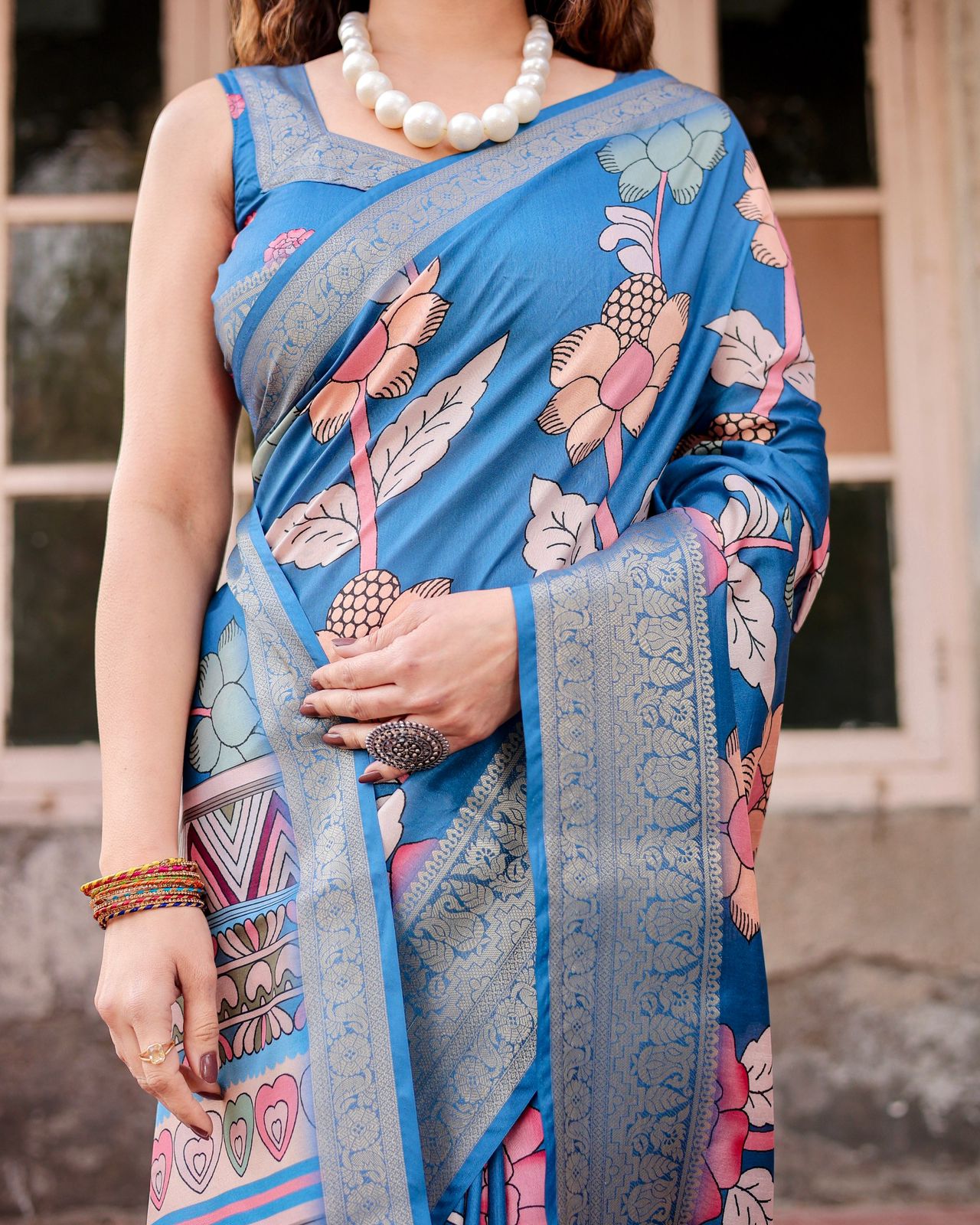 Fashionable Royal Blue Color Printed Silk Saree