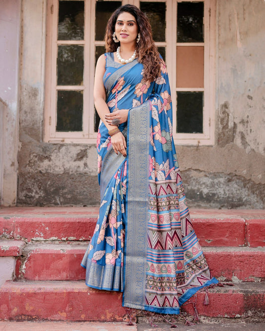 Fashionable Royal Blue Color Printed Silk Saree