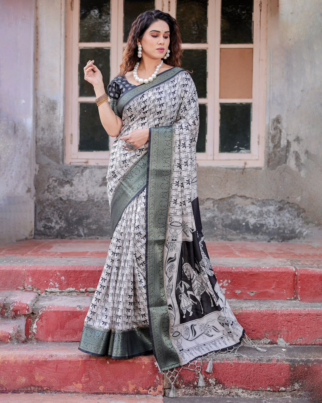 Fancy Black Color Printed Silk Saree