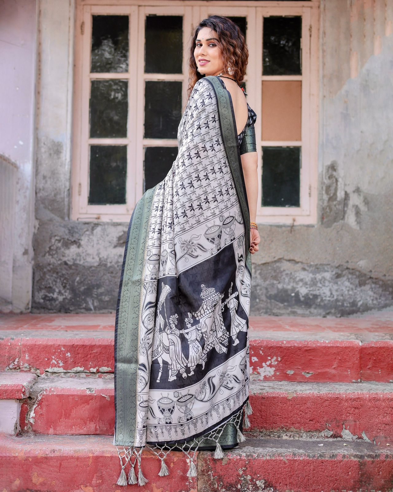 Fancy Black Color Printed Silk Saree