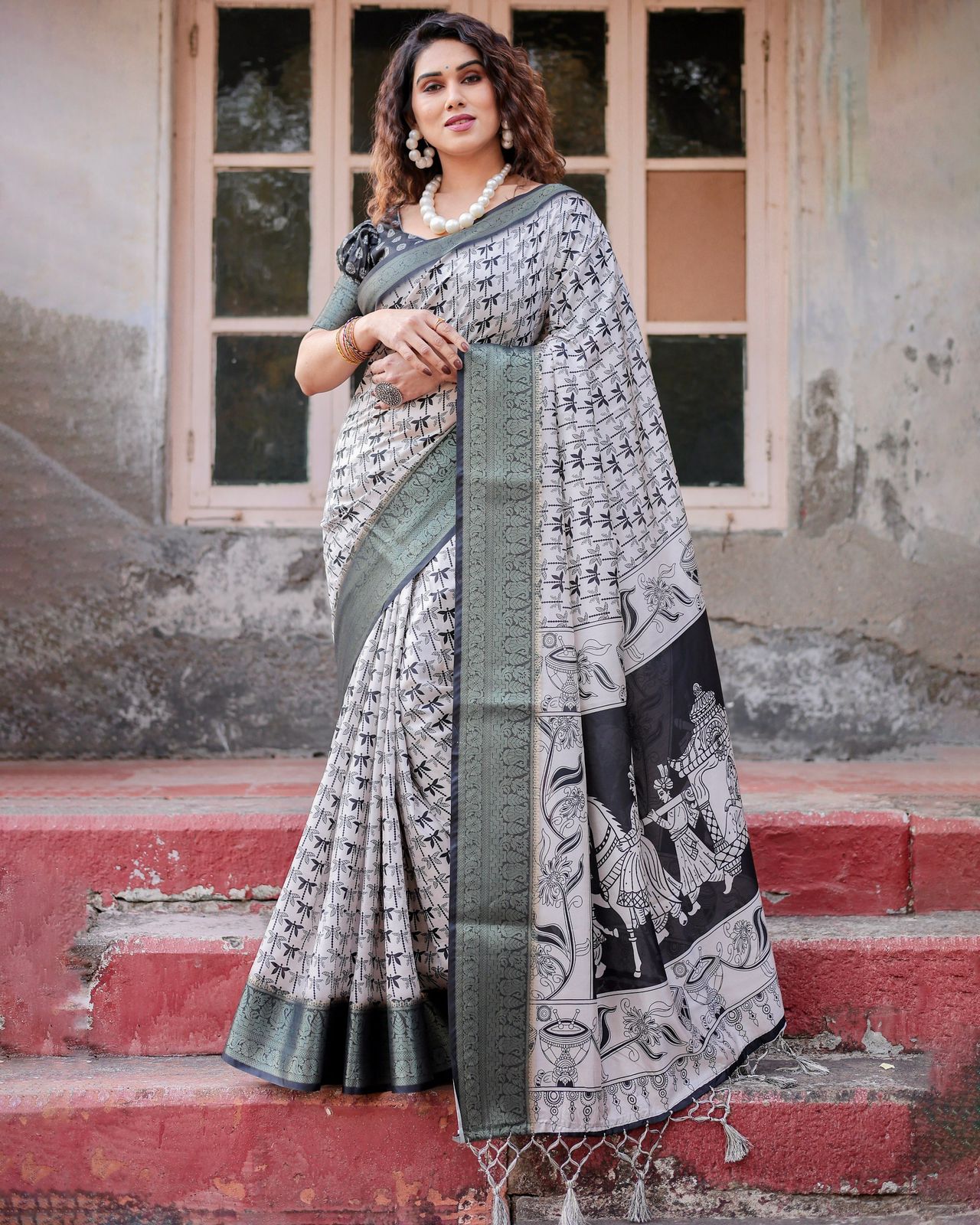 Fancy Black Color Printed Silk Saree