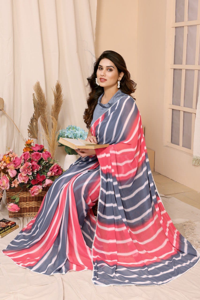 Glossy Pink Color Ready To Wear Georgette Saree