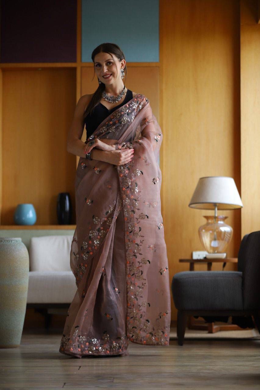 Luxuriant Maroon Color Organza Silk Saree