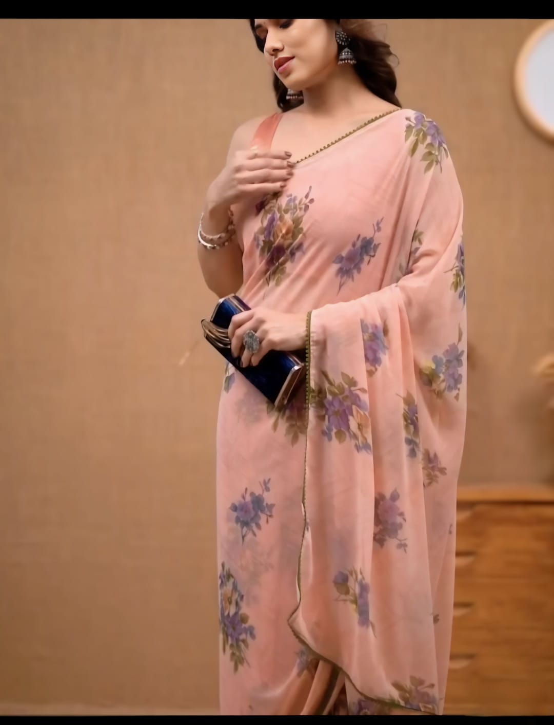 Blissful Pink Color Ready To Wear Georgette Saree