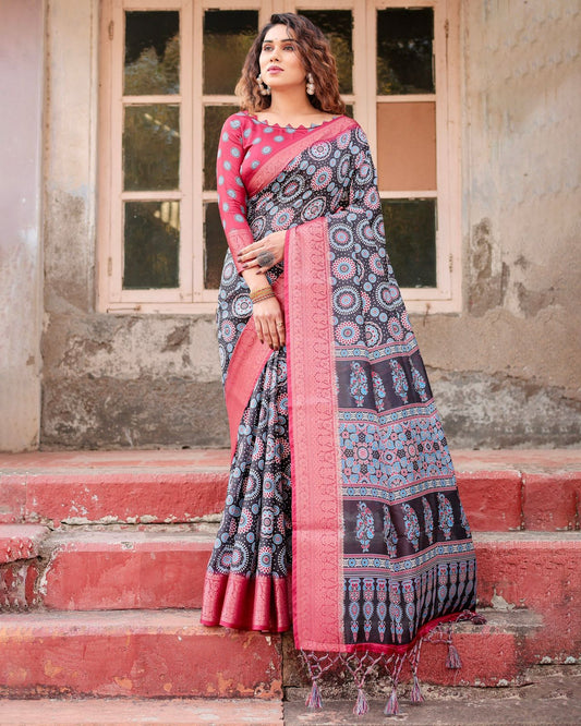 Adorable Wine Color Printed Silk Saree