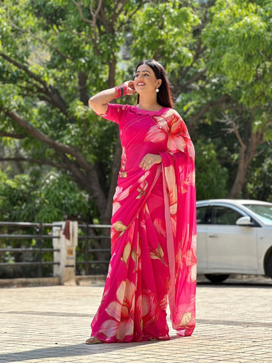 Glossy Pink Color Printed Georgette Saree