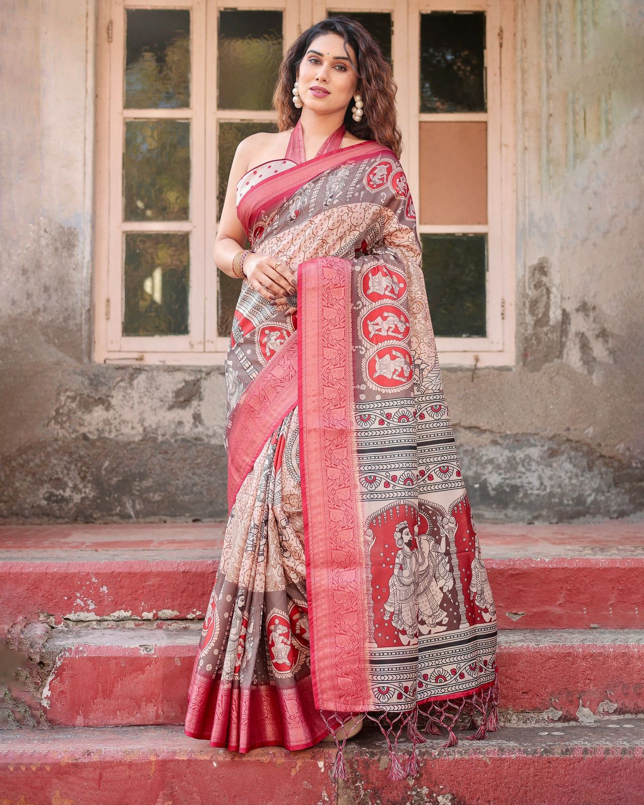 Superhit Beige Color Printed Silk Saree