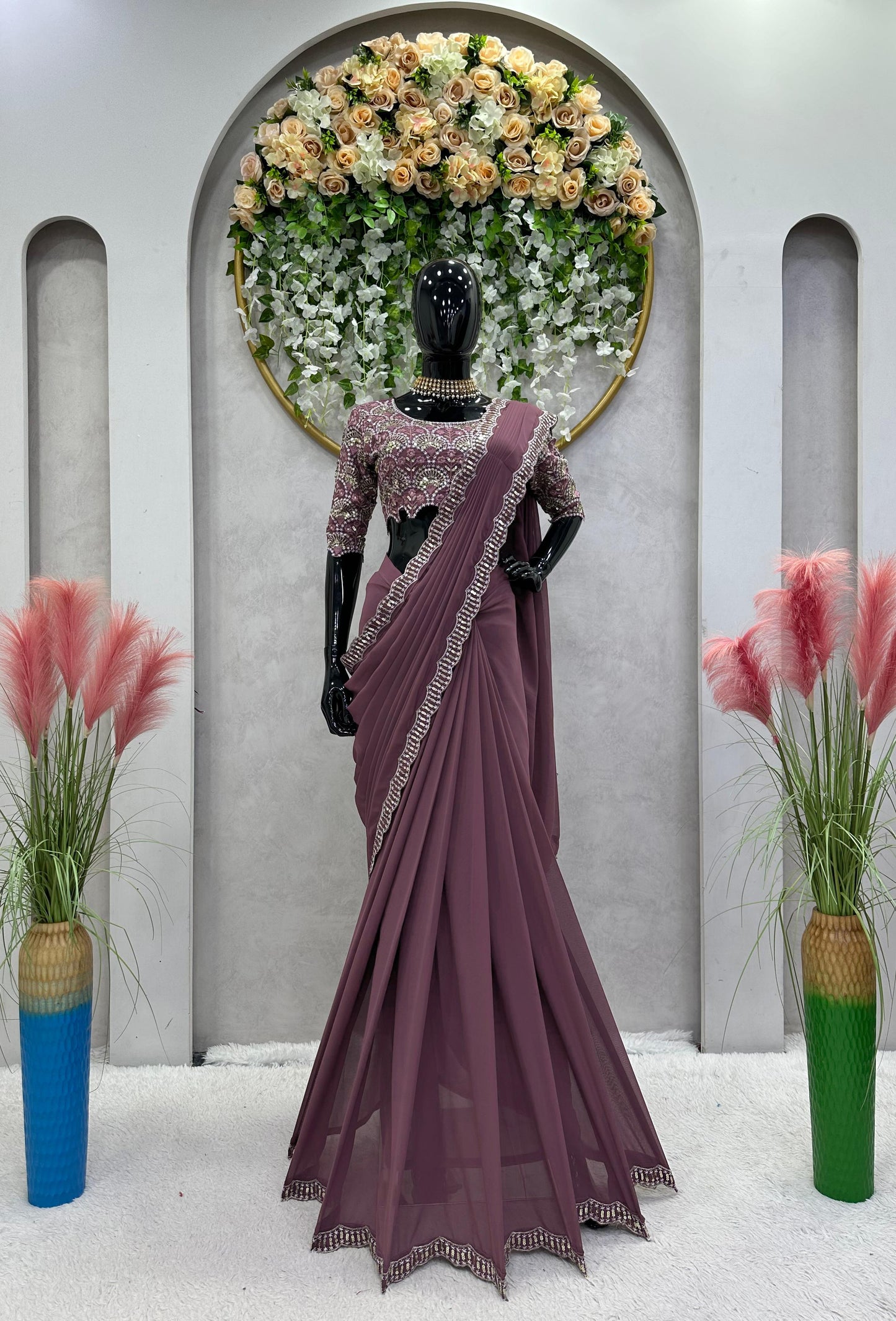 Luxuriant Pink Color Georgette Ready To Wear Saree