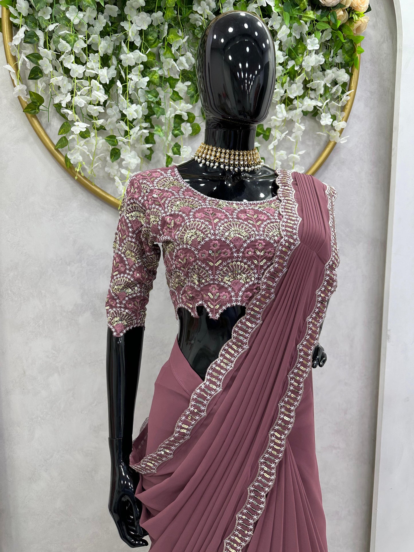 Luxuriant Pink Color Georgette Ready To Wear Saree