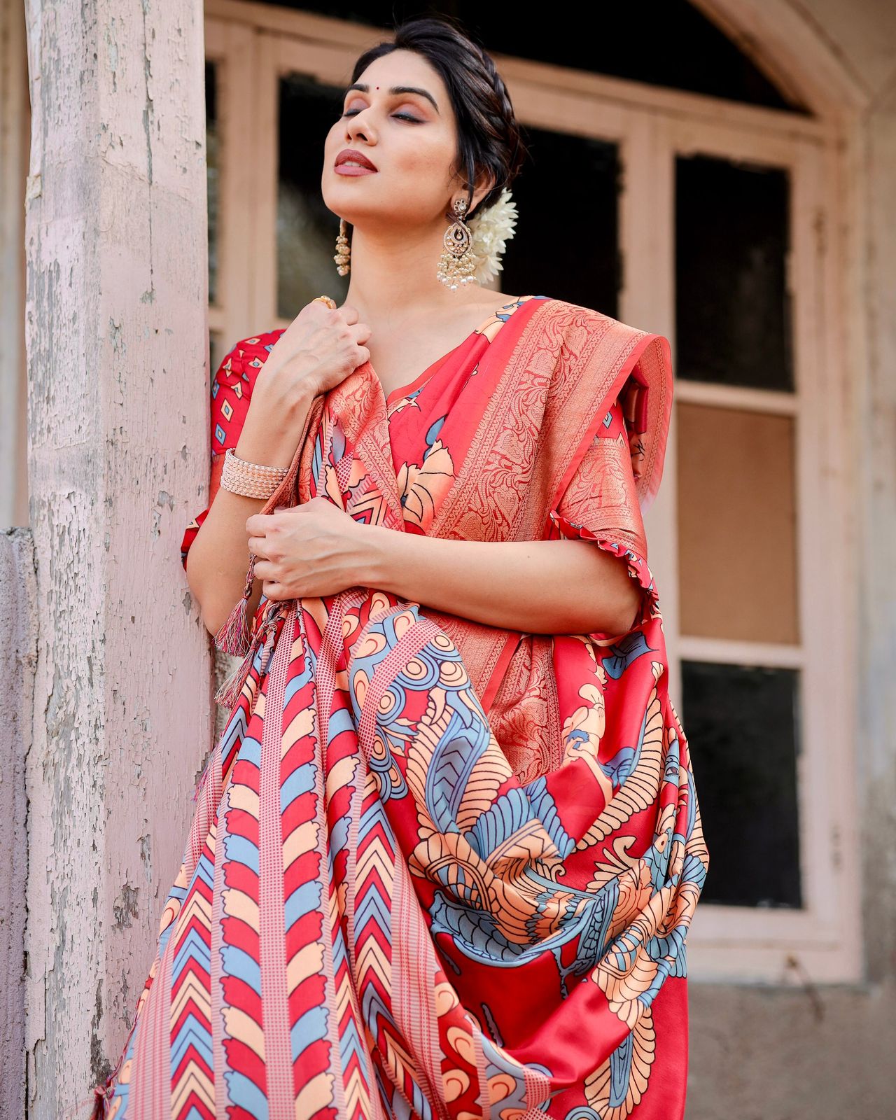 Outstanding Red Color Printed Silk Saree