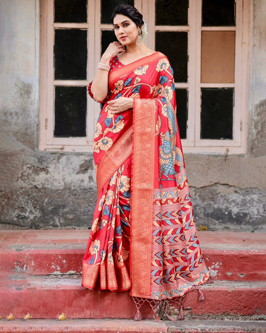 Outstanding Red Color Printed Silk Saree