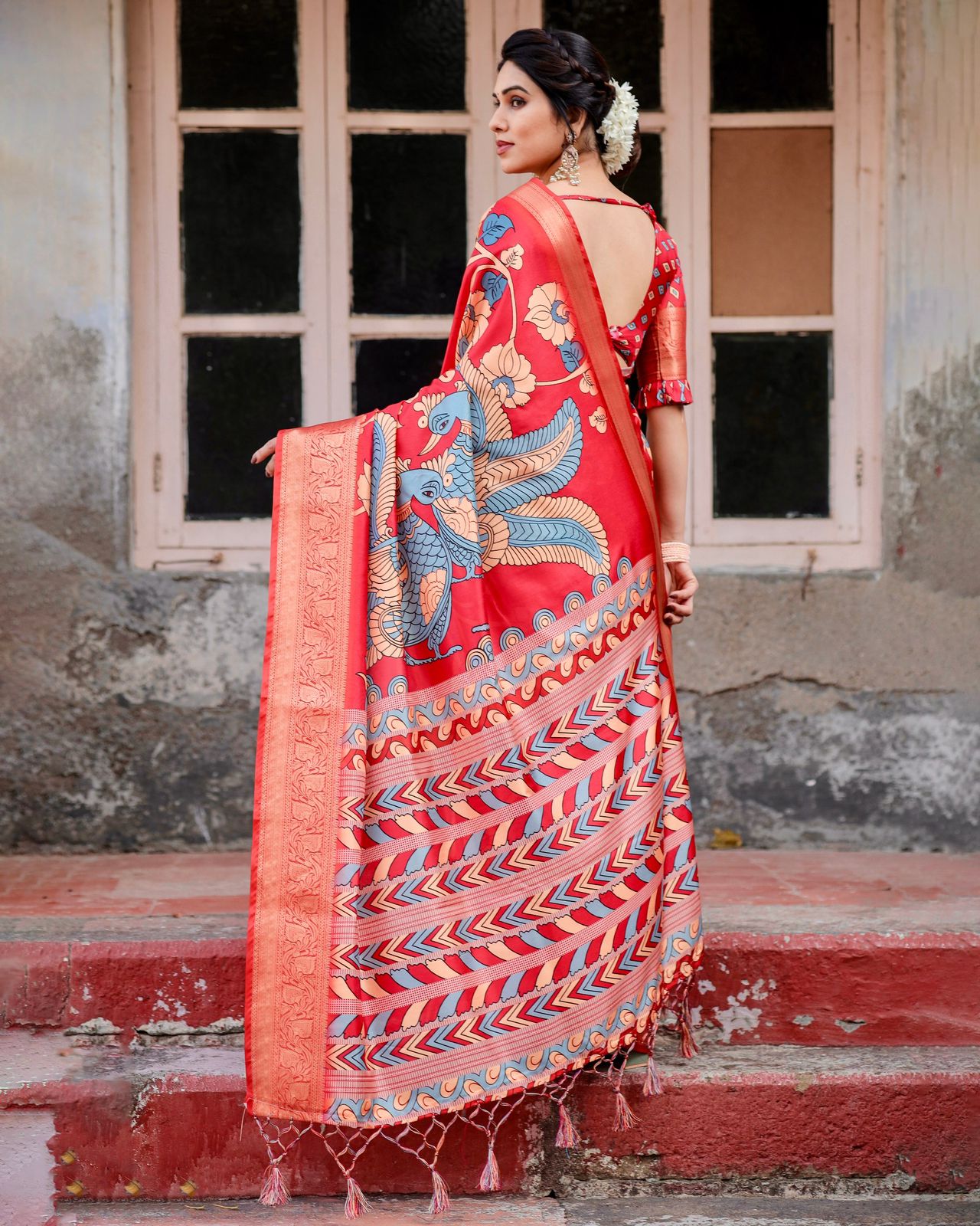 Outstanding Red Color Printed Silk Saree