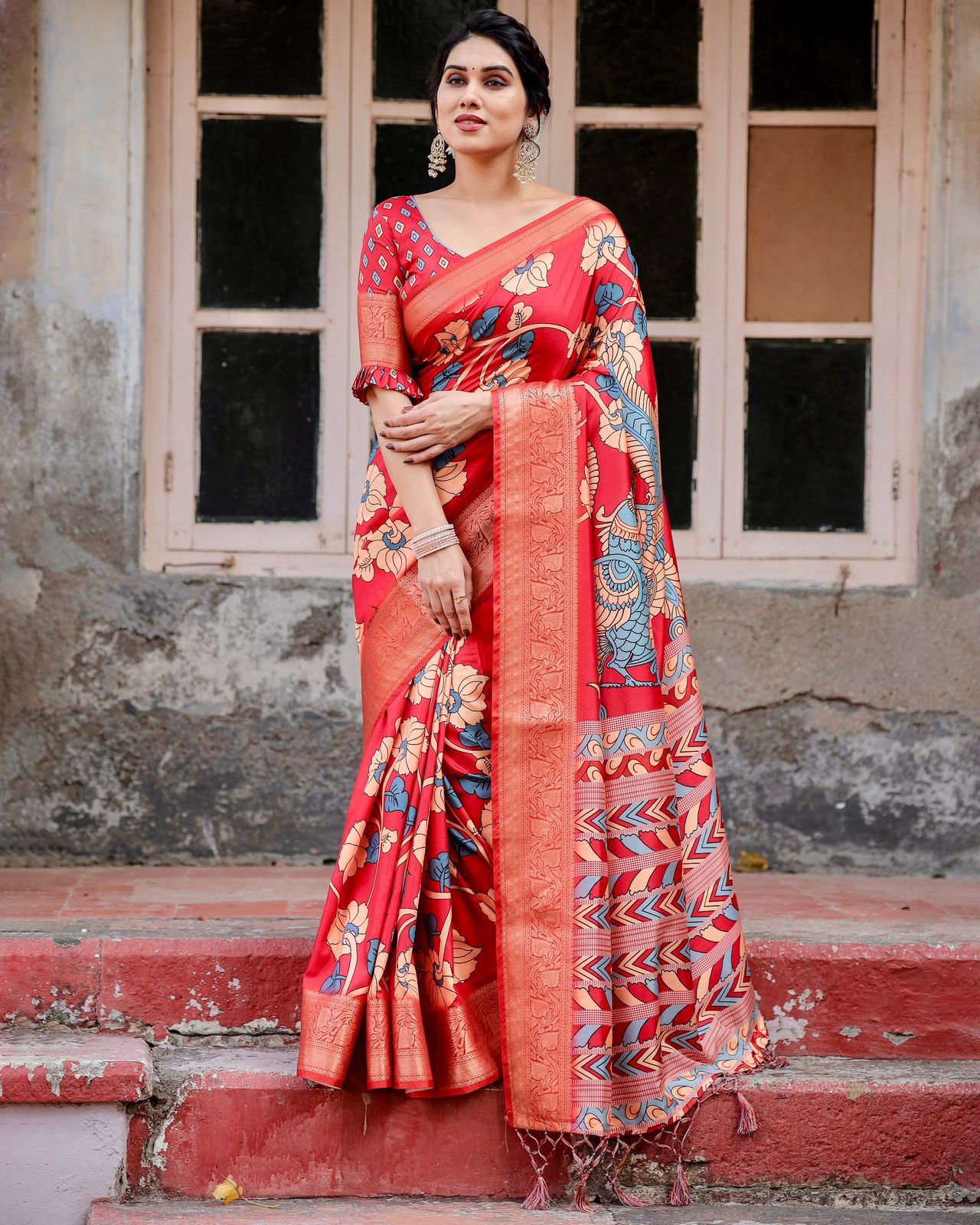 Outstanding Red Color Printed Silk Saree