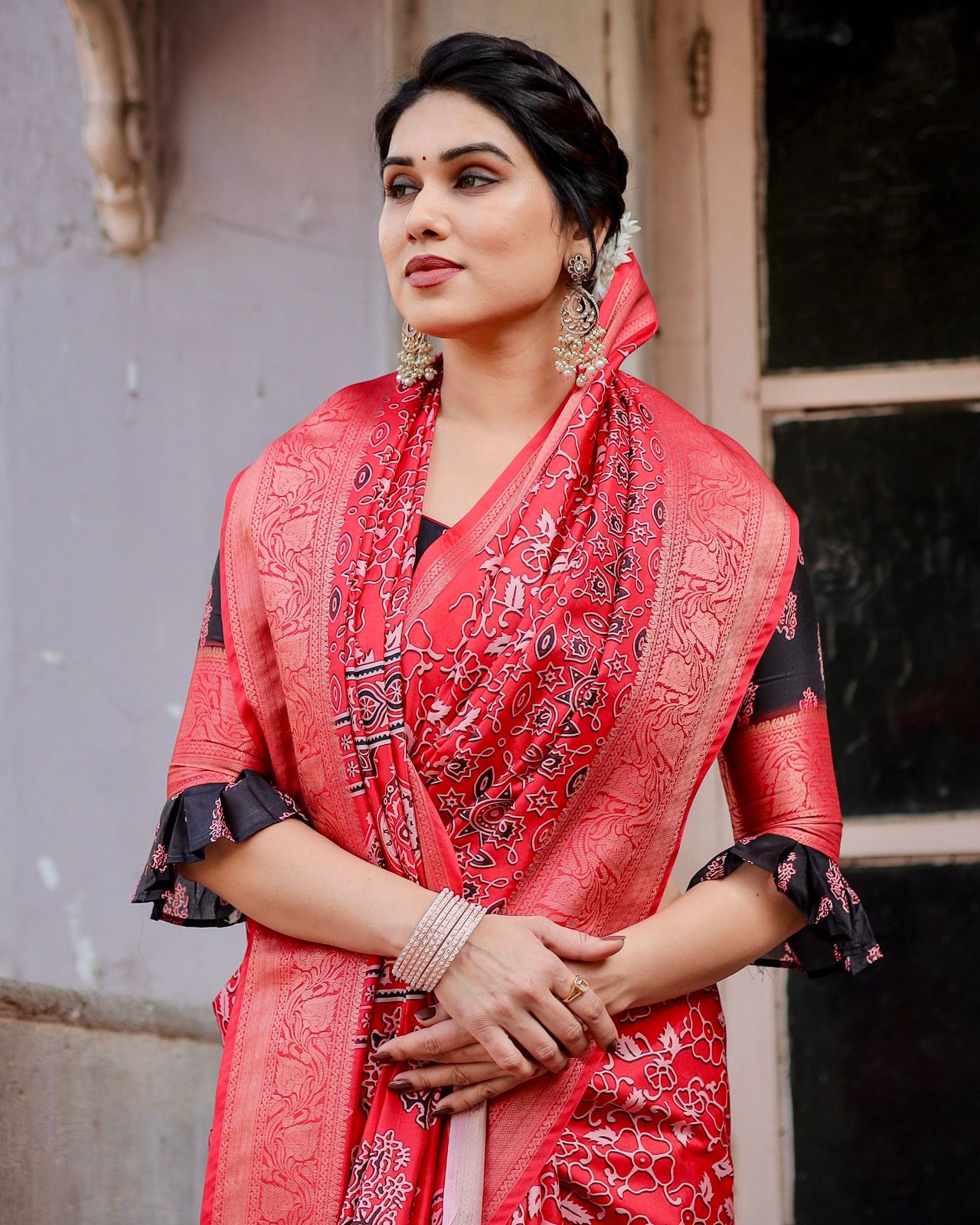 Elegant Red Color Printed Silk Saree