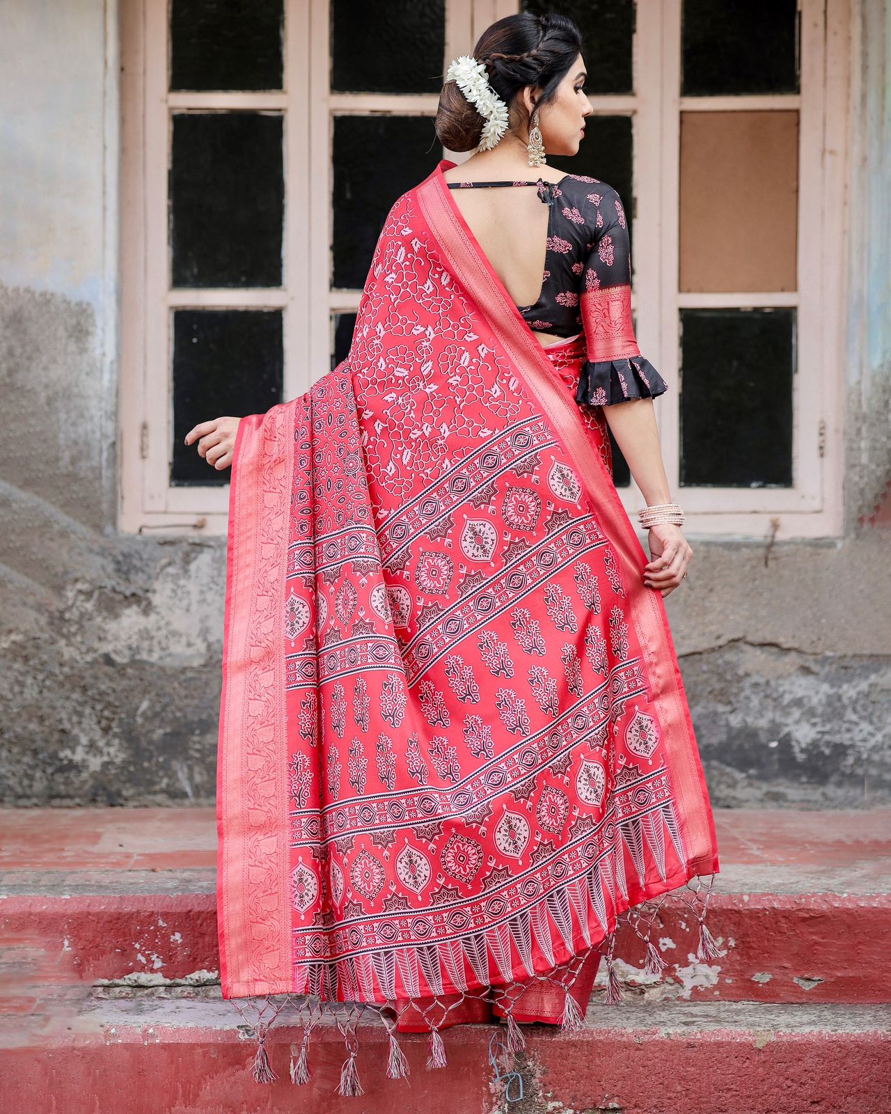 Elegant Red Color Printed Silk Saree