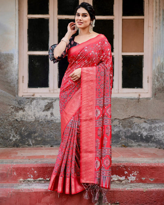 Elegant Red Color Printed Silk Saree