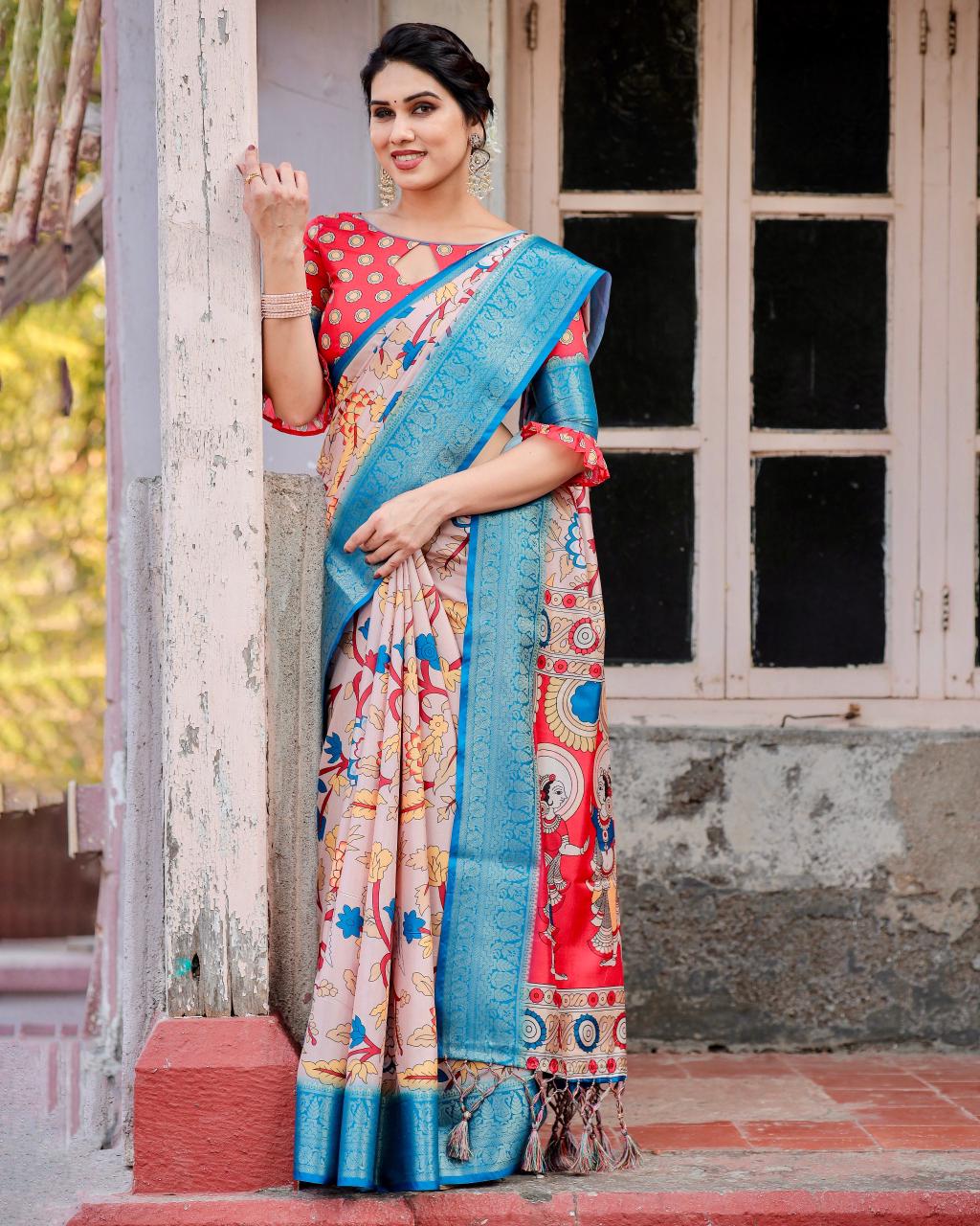 Festive Wear Peach Color Printed Silk Saree