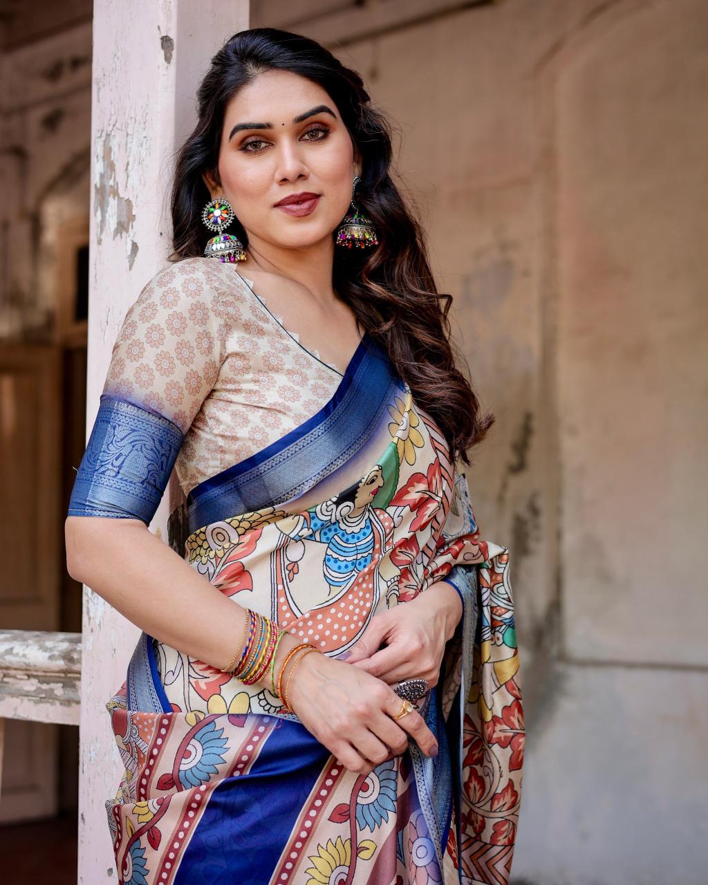 Ravishing Blue Color Printed Silk Saree