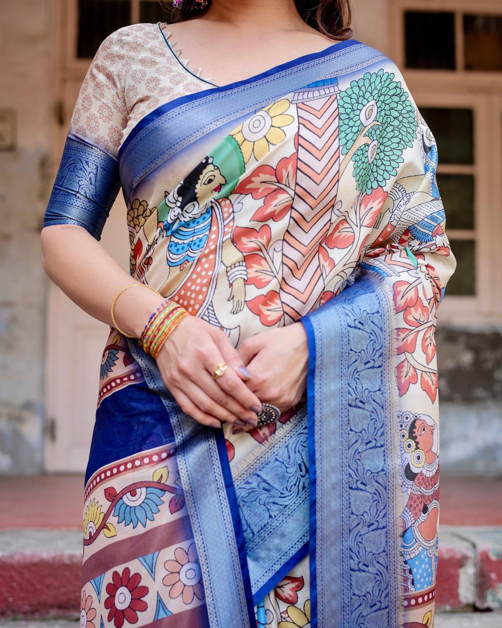 Ravishing Blue Color Printed Silk Saree