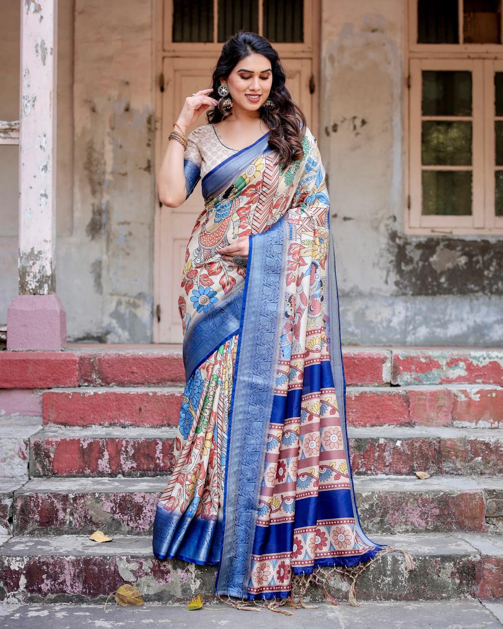 Ravishing Blue Color Printed Silk Saree