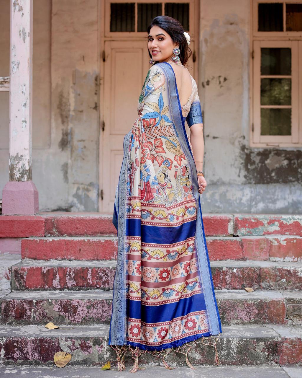 Ravishing Blue Color Printed Silk Saree