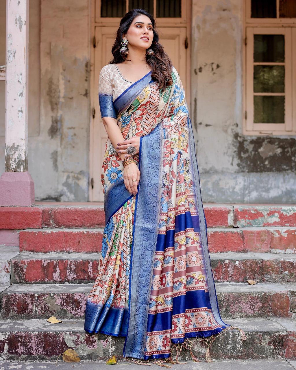 Ravishing Blue Color Printed Silk Saree