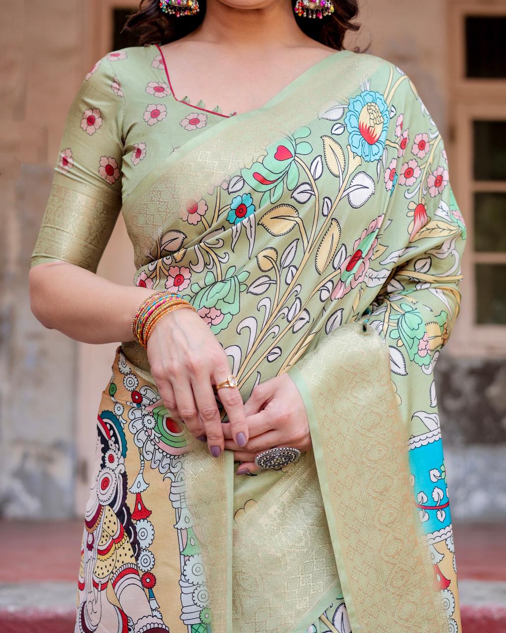 Fantastic Pista Color Printed Silk Saree