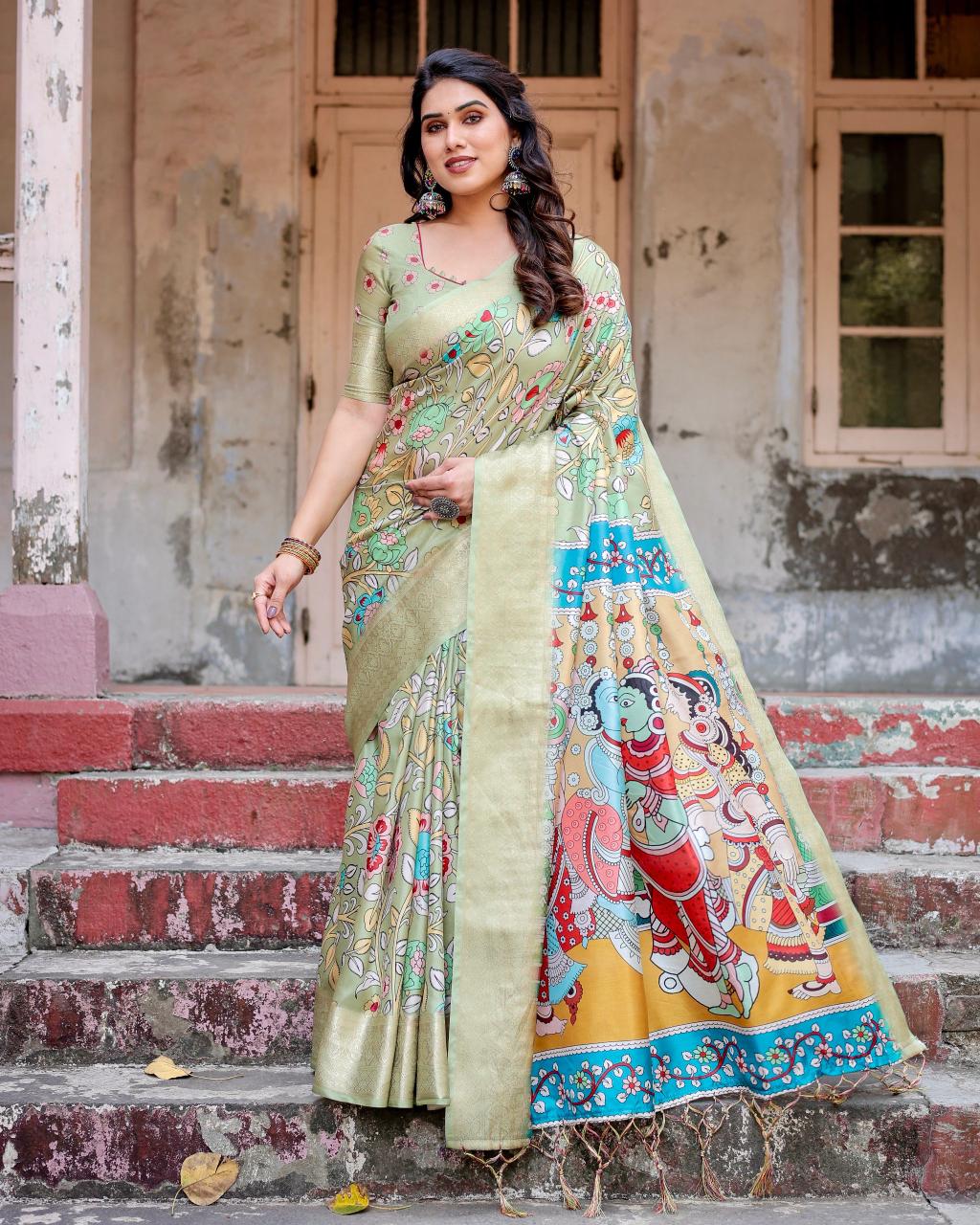 Fantastic Pista Color Printed Silk Saree