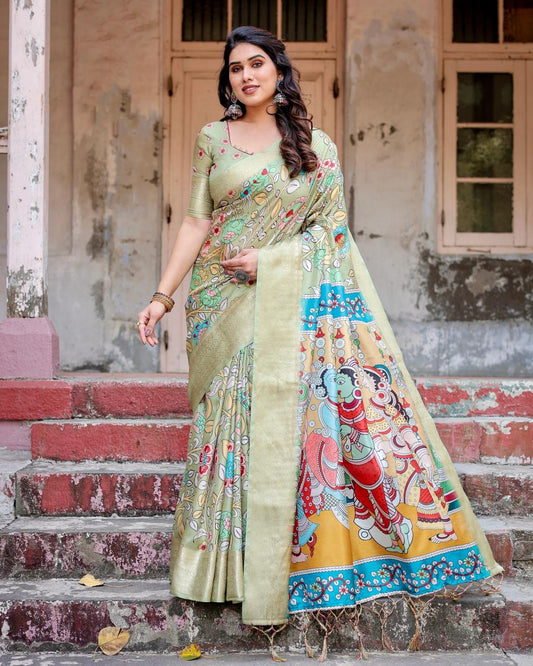 Fantastic Pista Color Printed Silk Saree