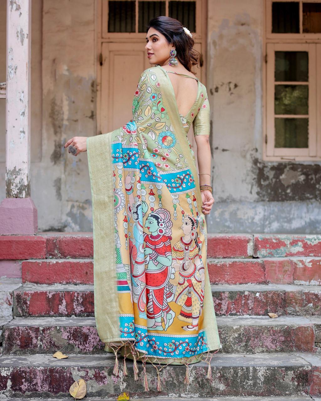 Fantastic Pista Color Printed Silk Saree