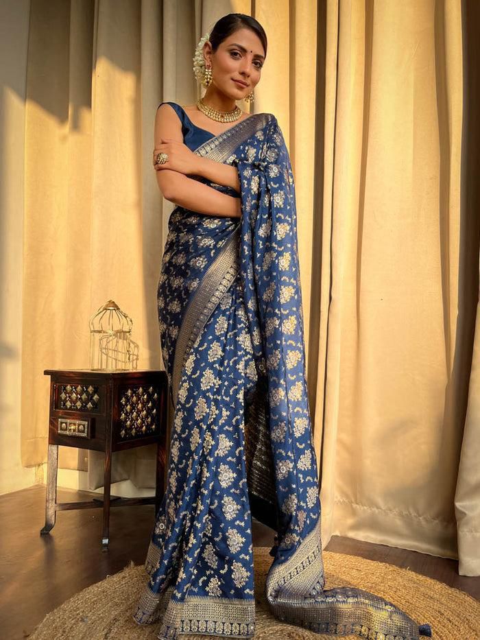 Adorable Blue Color Lichi Silk Saree