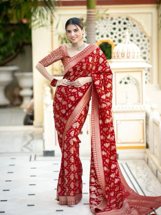 Adorable Red Color Lichi Silk Saree