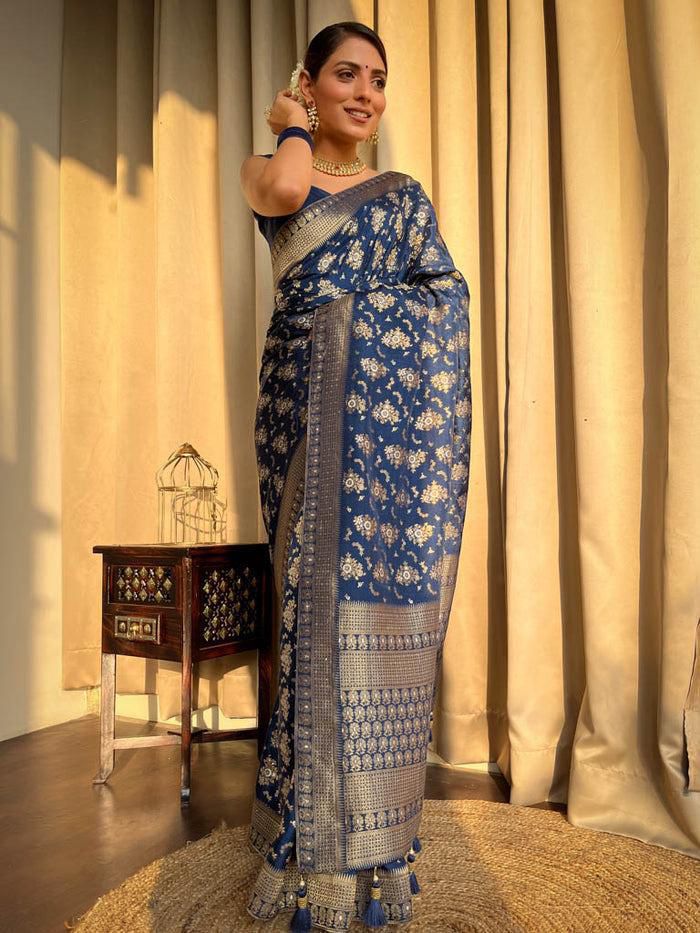 Adorable Blue Color Lichi Silk Saree