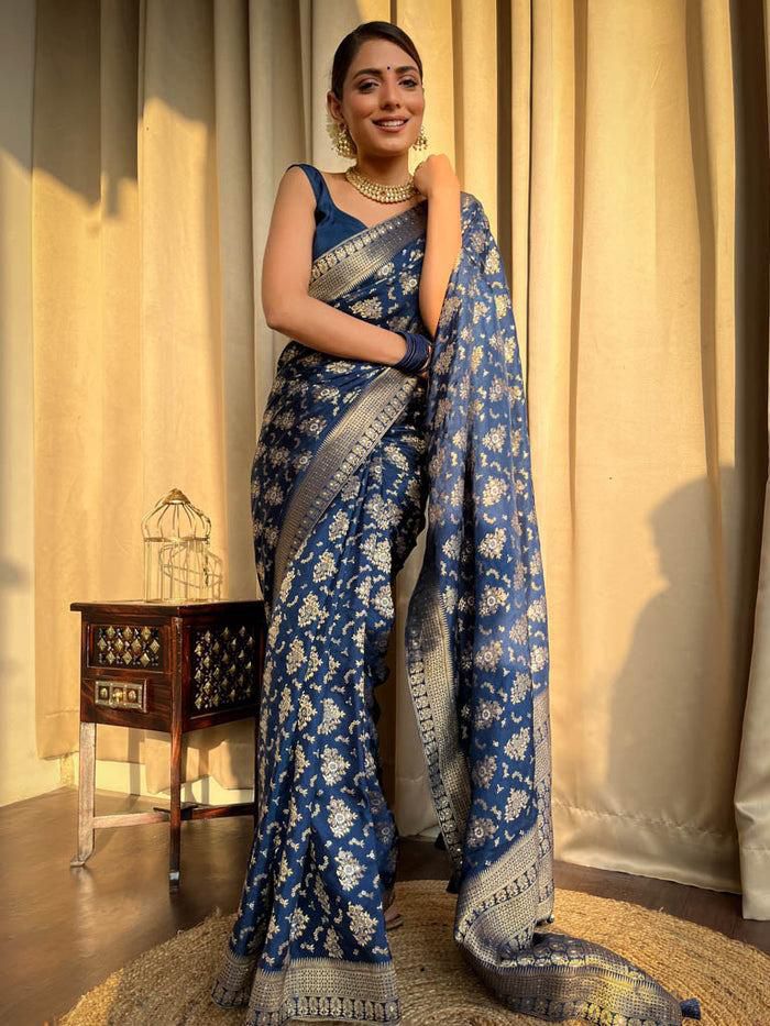 Adorable Blue Color Lichi Silk Saree