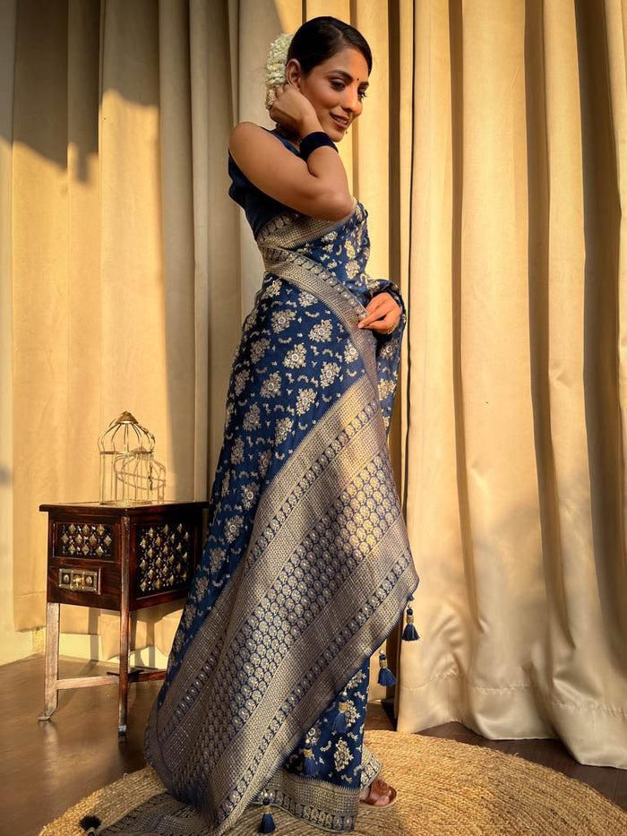 Adorable Blue Color Lichi Silk Saree