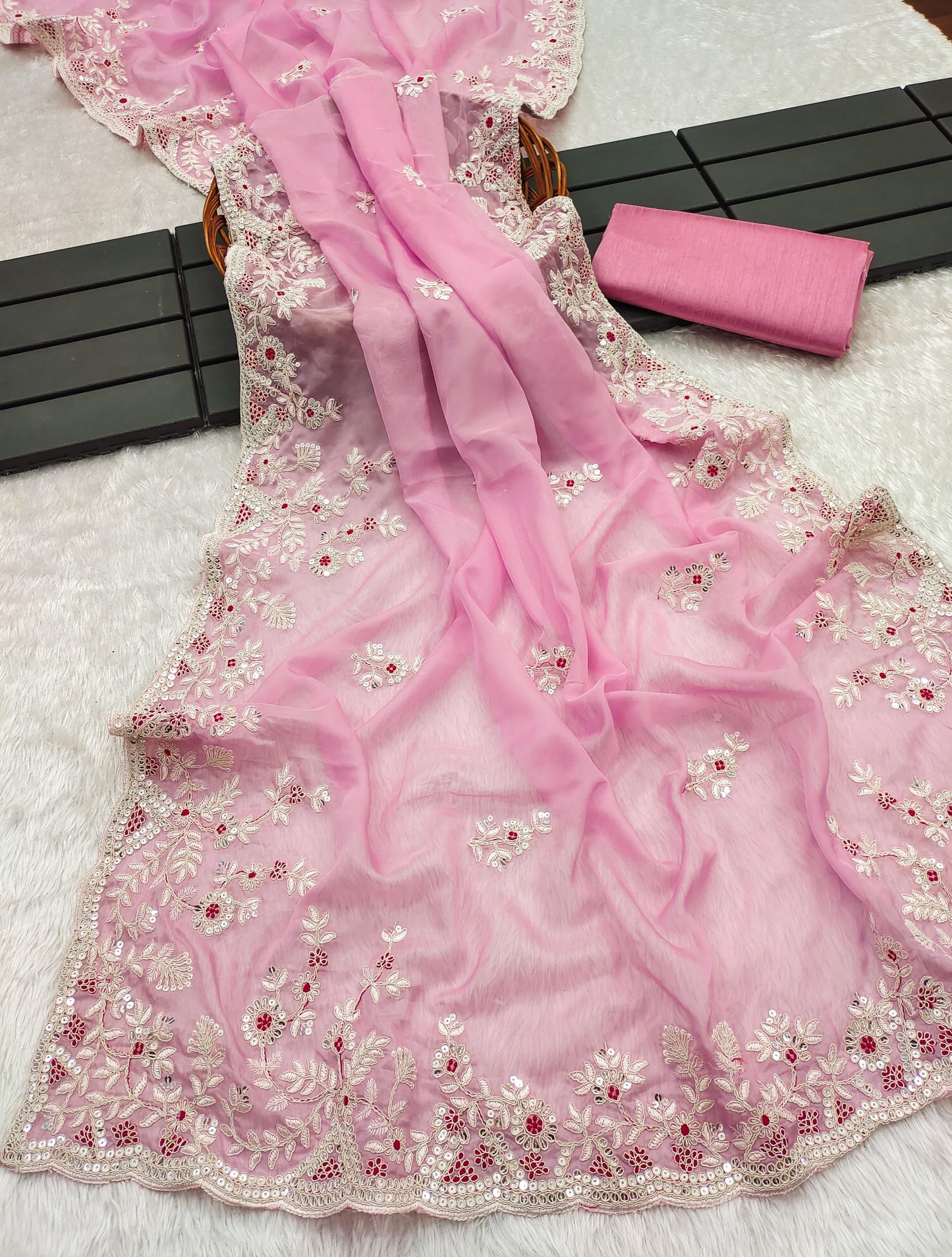 Blissful Baby Pink Color Organza Saree