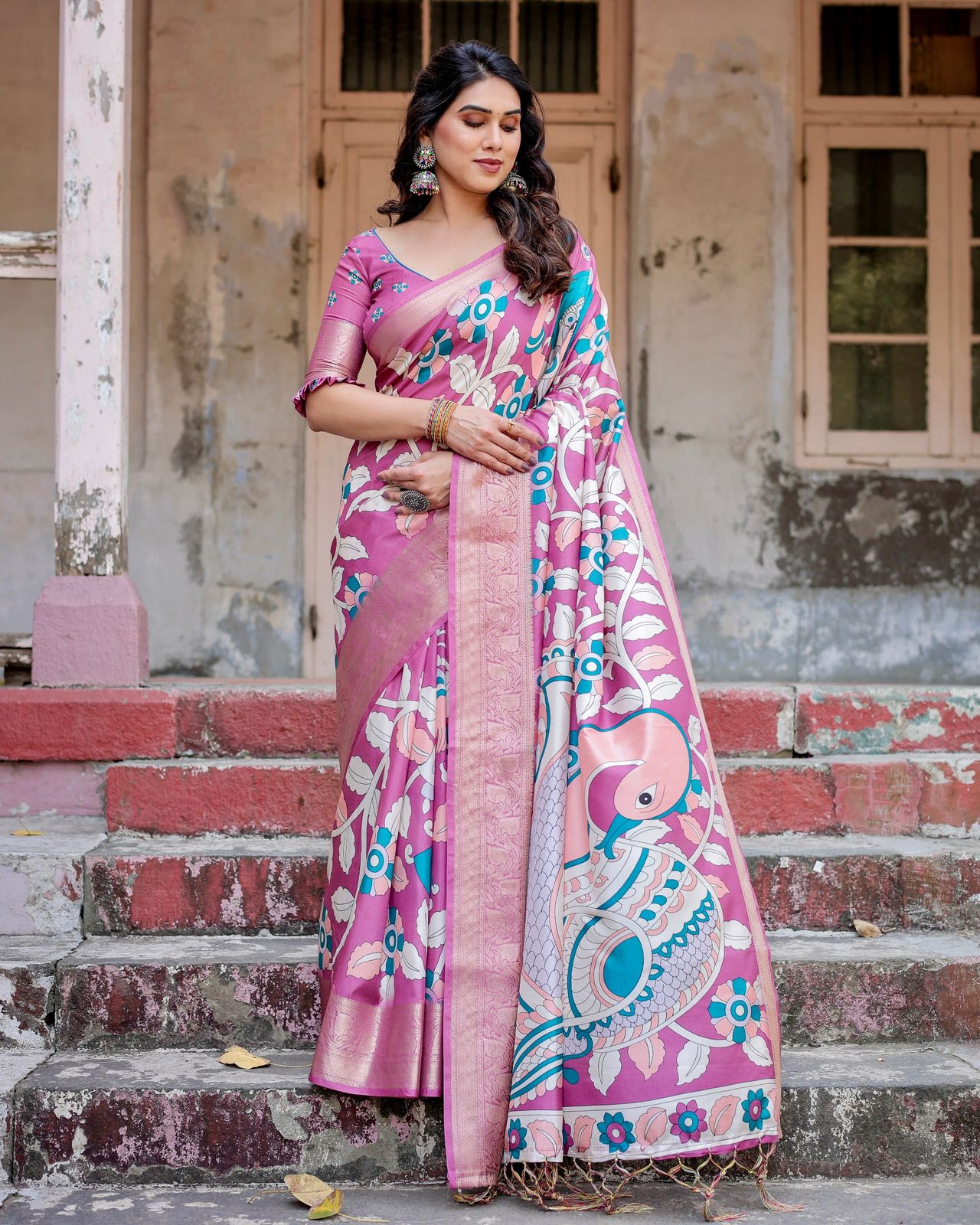 Imposing Pink Color Printed Silk Saree